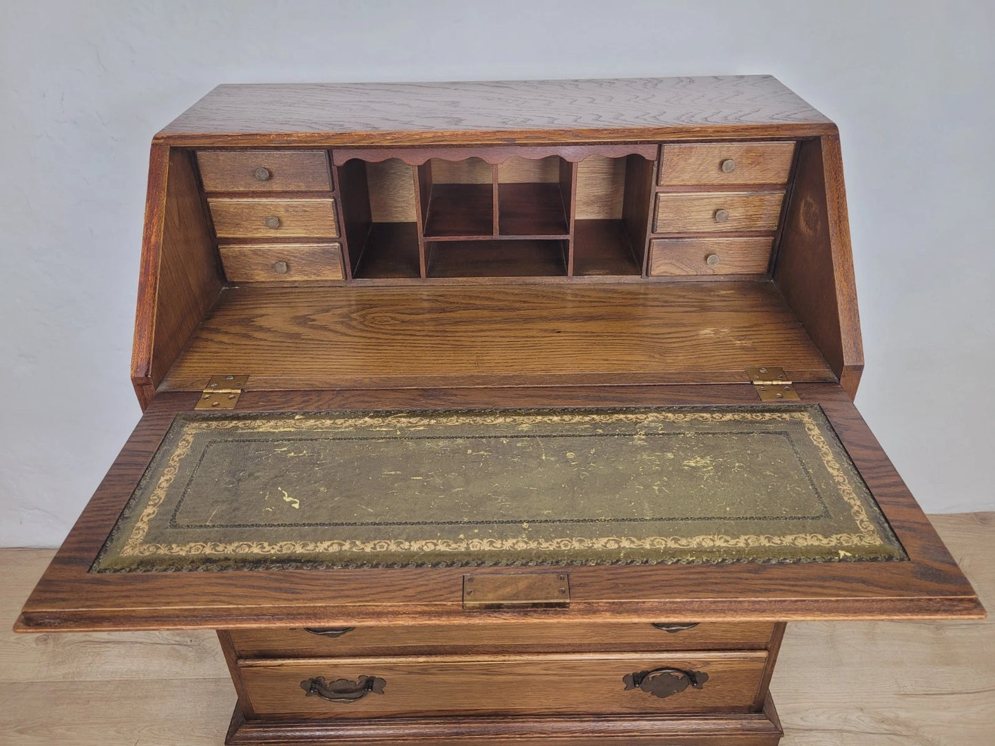 Oak Writing Bureau Desk Vintage Leather Mid Century Carved Delivery Available