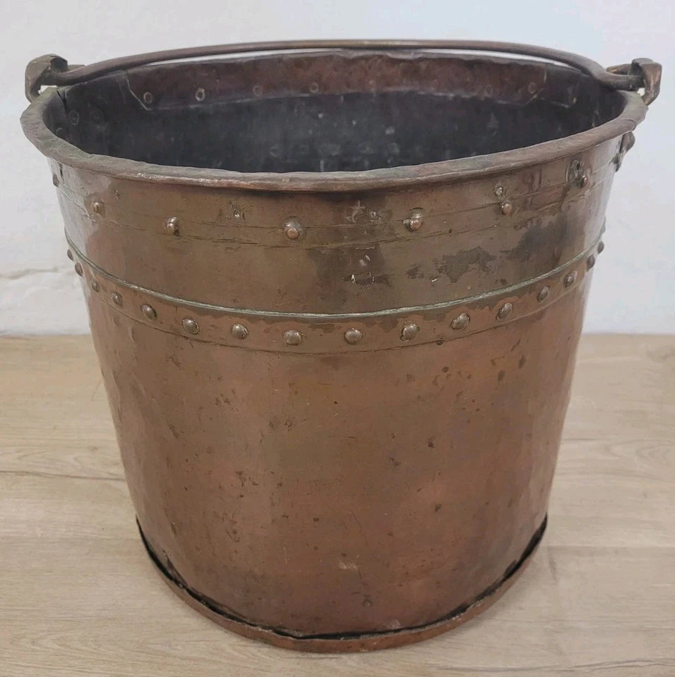 Victorian Coal Bucket Bin Large Copper Handle Rivets Antique Postage Available