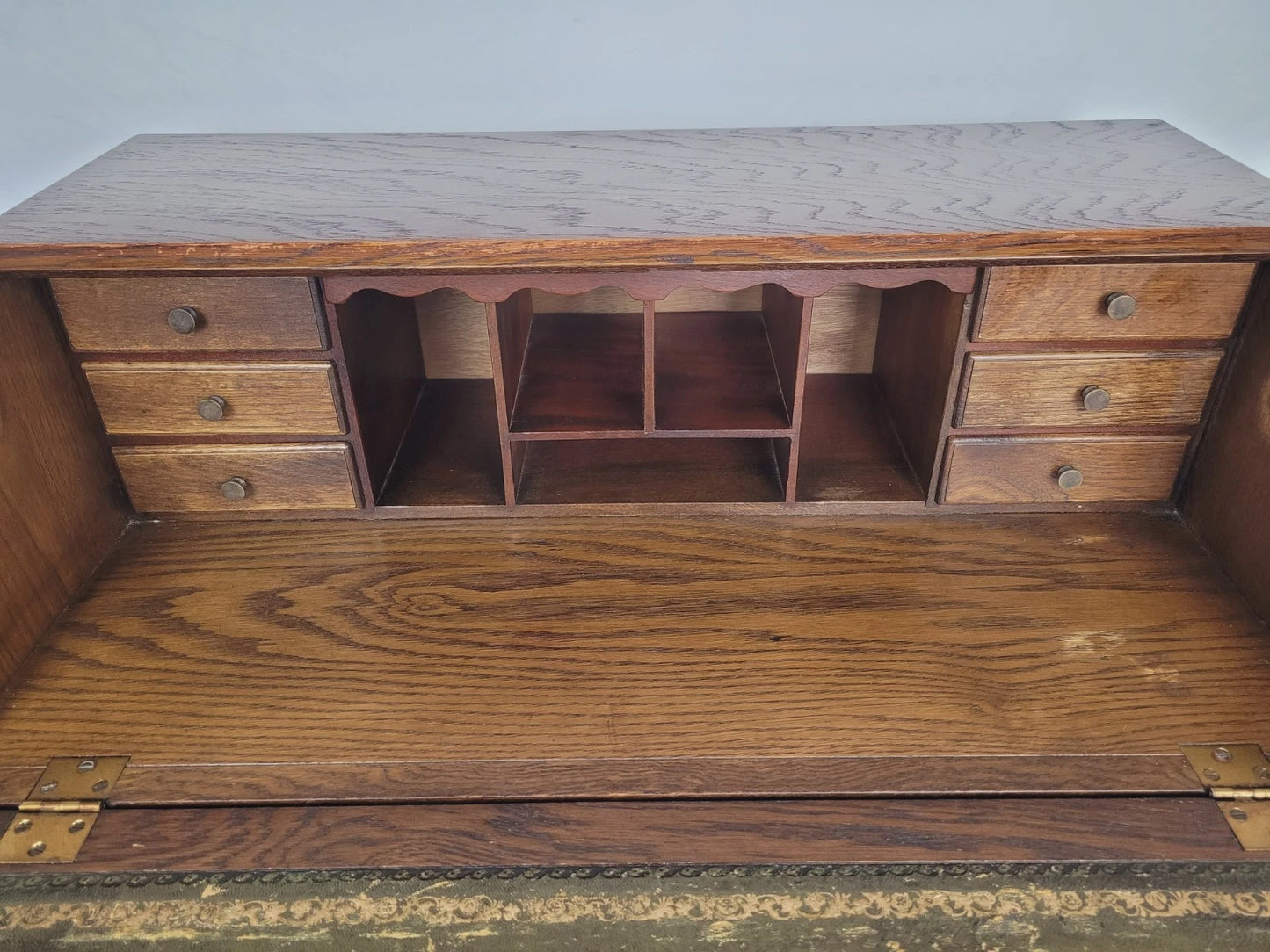 Oak Writing Bureau Desk Vintage Leather Mid Century Carved Delivery Available