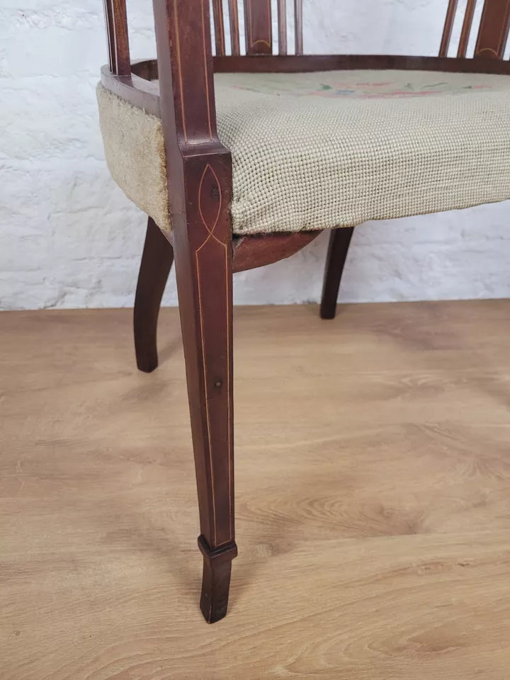 Edwardian Hoop Tub Armchair English Inlaid Floral Upholstered Postage Available