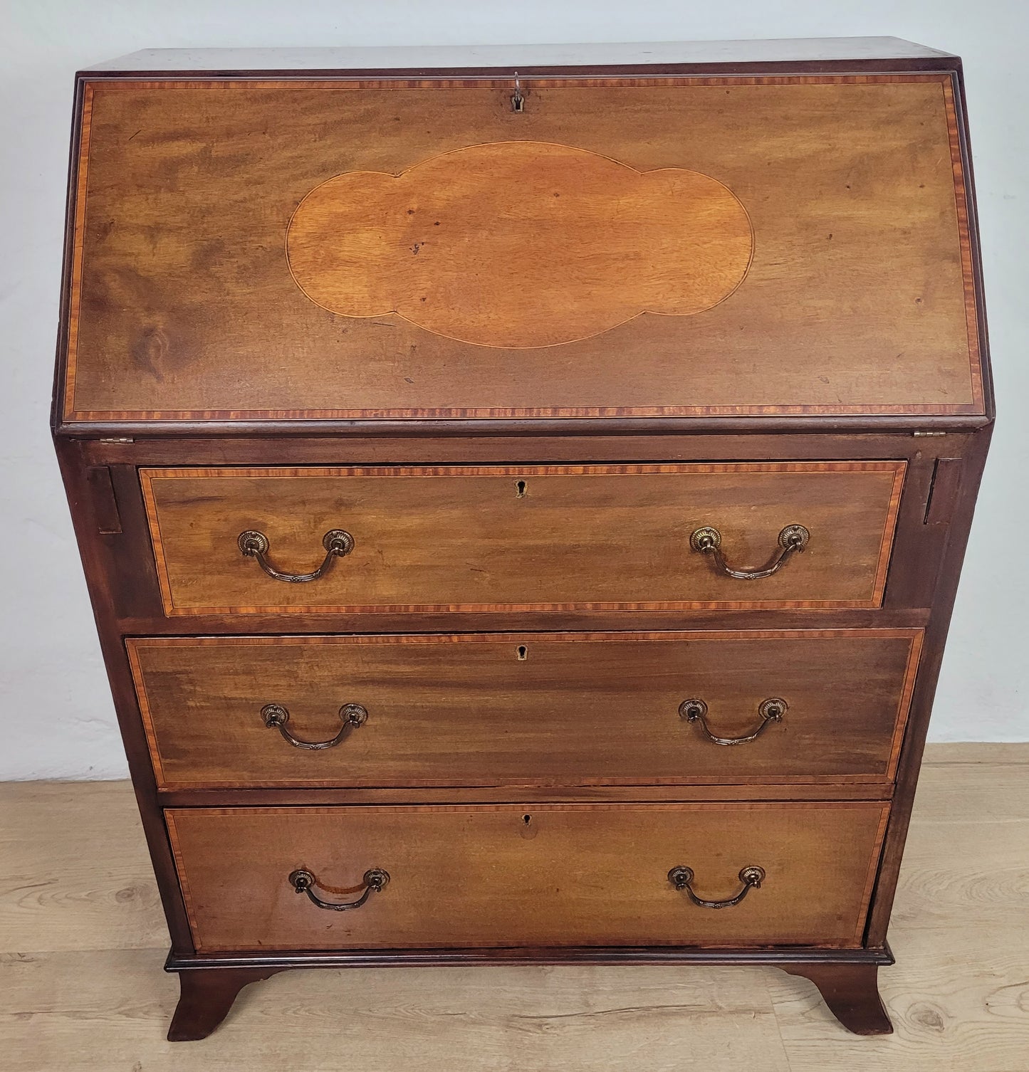 Edwardian Writing Bureau Desk Leather Crossband Antique 1910S Delivery Available