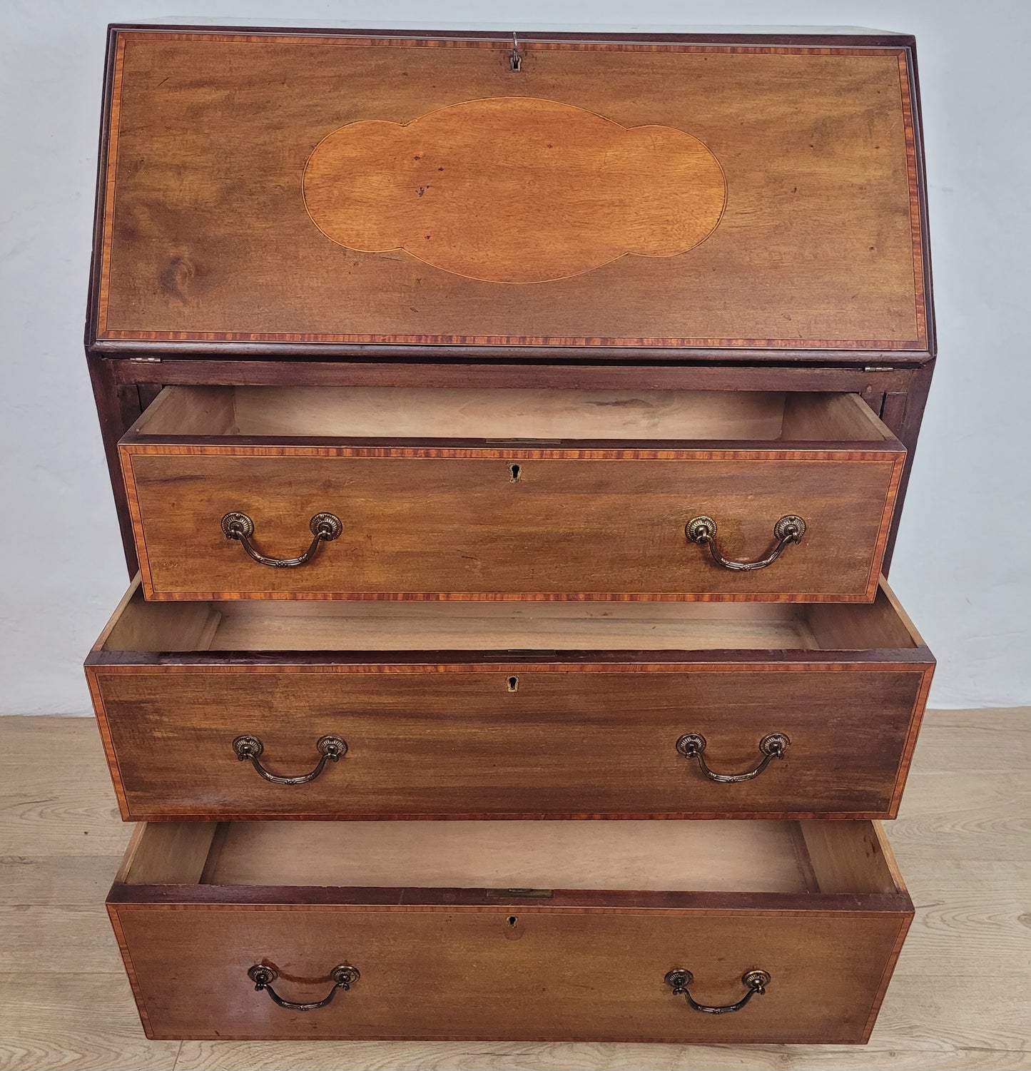 Edwardian Writing Bureau Desk Leather Crossband Antique 1910S Delivery Available