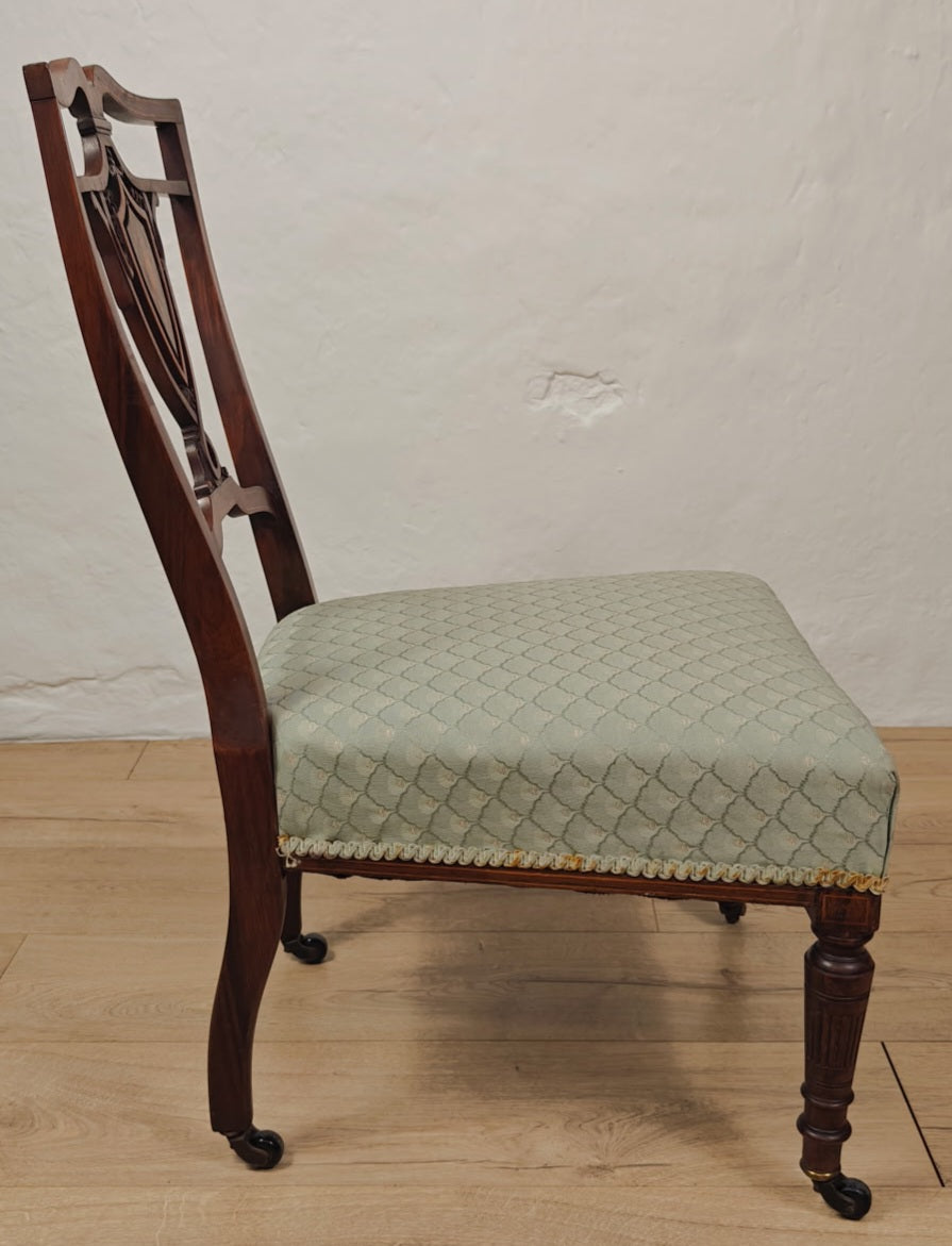 Edwardian Nursing Chair Inlaid Motif Castors Upholstery Postage Available