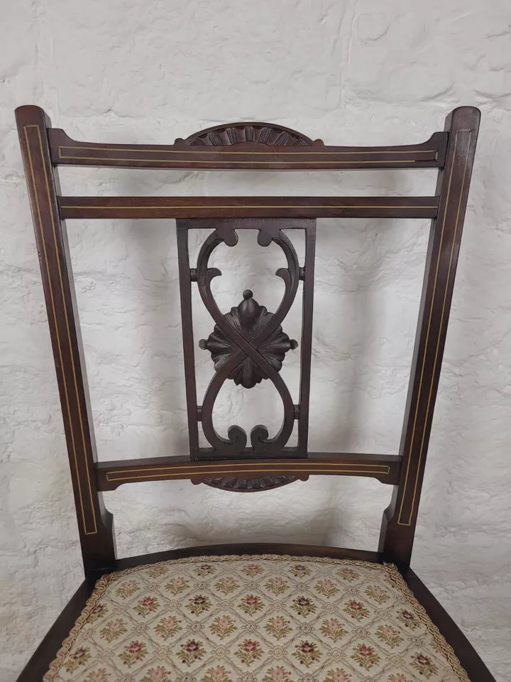 Edwardian Bedroom Chair Carved Splat Inlaid Floral Upholstered Postage Available