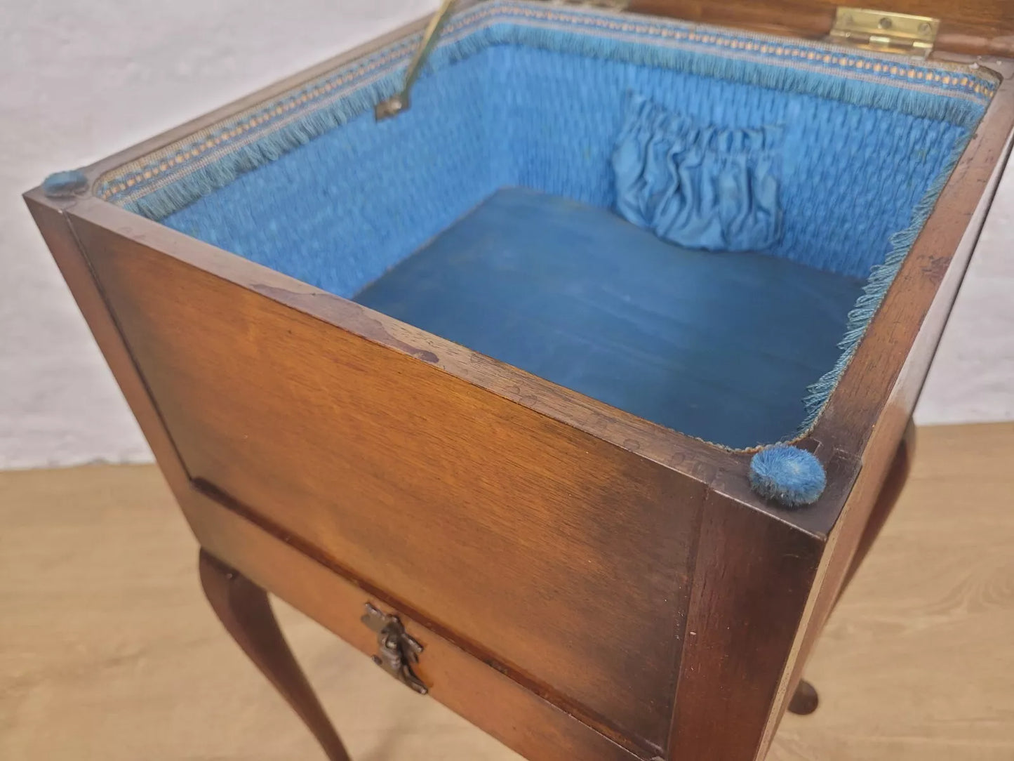 Victorian Sewing Box Blue Drawer Cabriole Legs Antique Postage Available