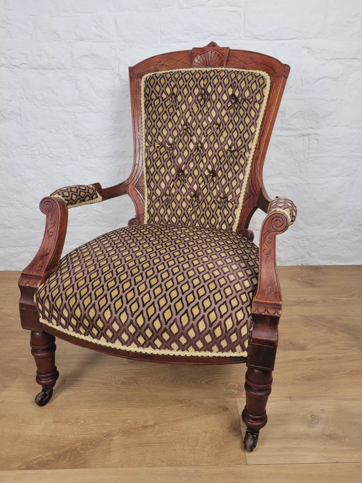 Victorian Armchair Carved Sunburst Button Back Sprung Seat Delivery Available