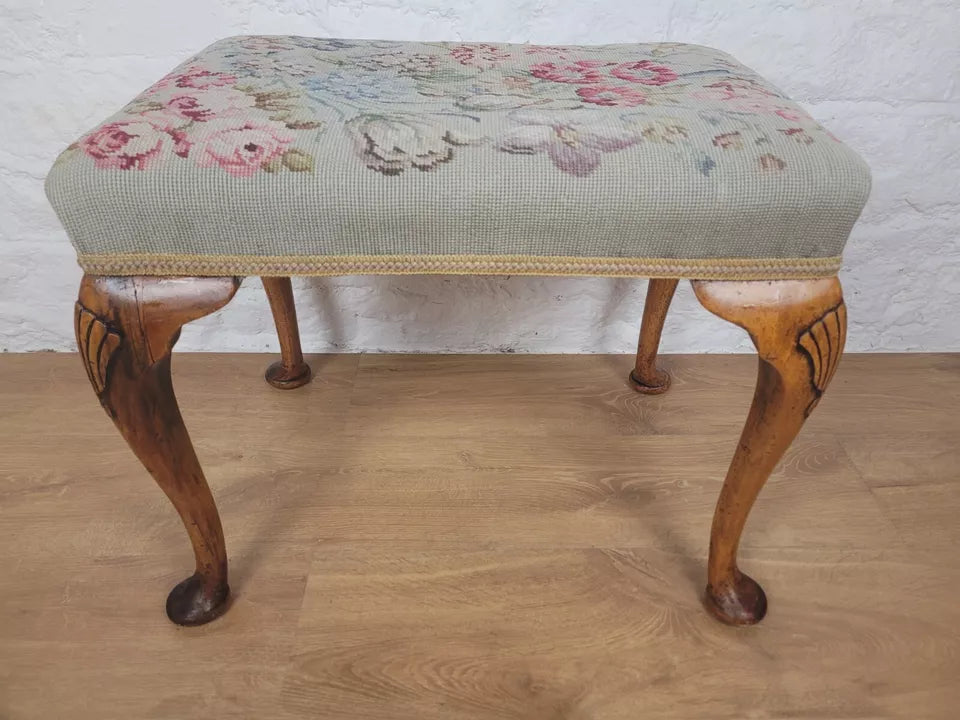 Walnut Dressing Stool Shell Carved Queen Anne Legs Tapestry Postage Available