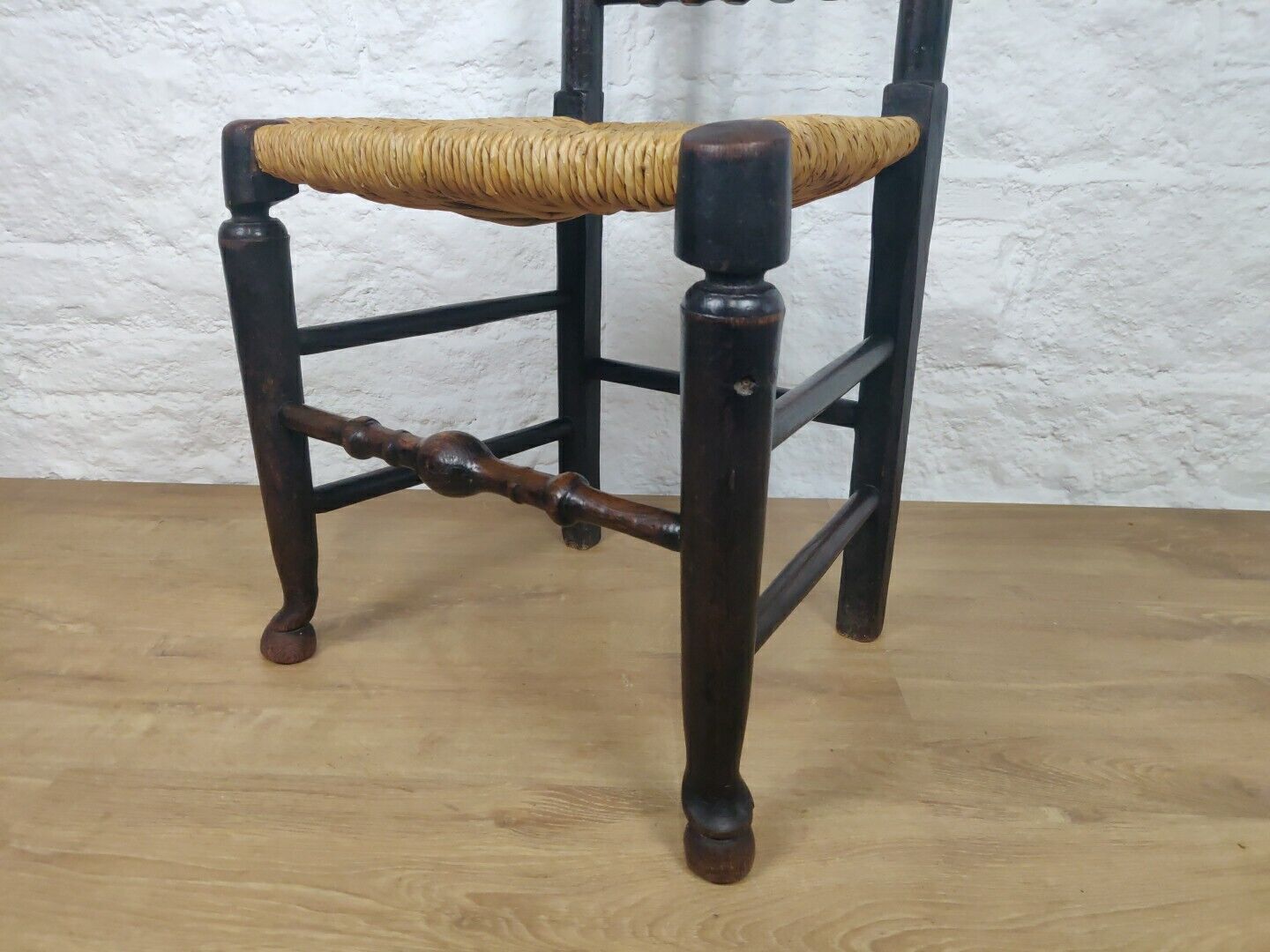 Lancashire Spindle Back Chair Rush Seat Carved Oak 19thC Postage Available