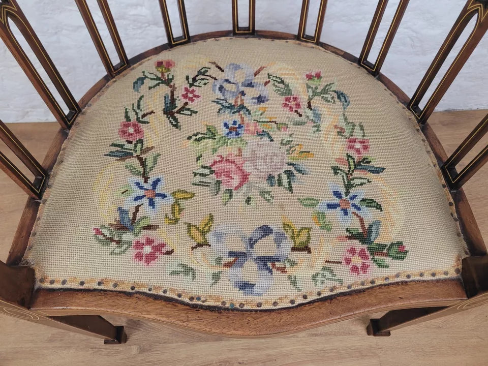 Edwardian Hoop Tub Armchair Inlaid Needlepoint English Oak Postage Available