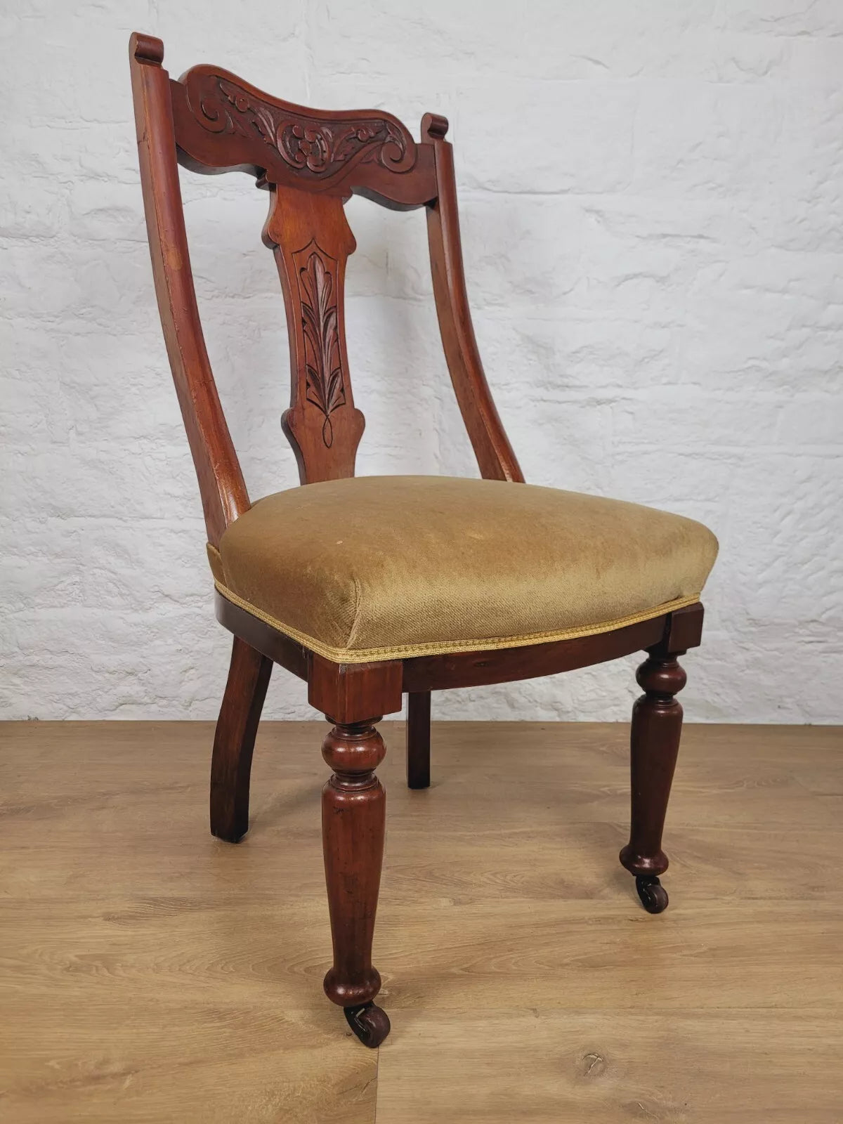 Victorian Dining Chairs Pair Carved Castor Sprung Seat English Postage Available