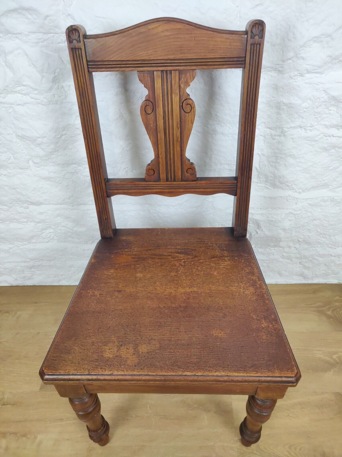 Edwardian Carved Hall Chair Floral Oak Scrolled Back Turned Postage Available