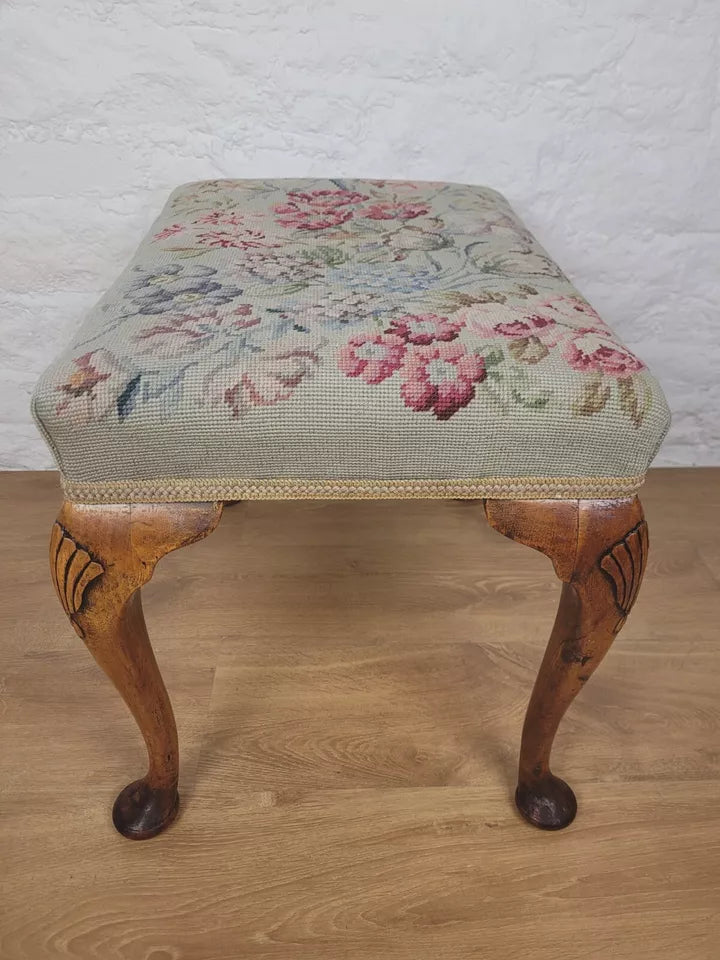 Walnut Dressing Stool Shell Carved Queen Anne Legs Tapestry Postage Available