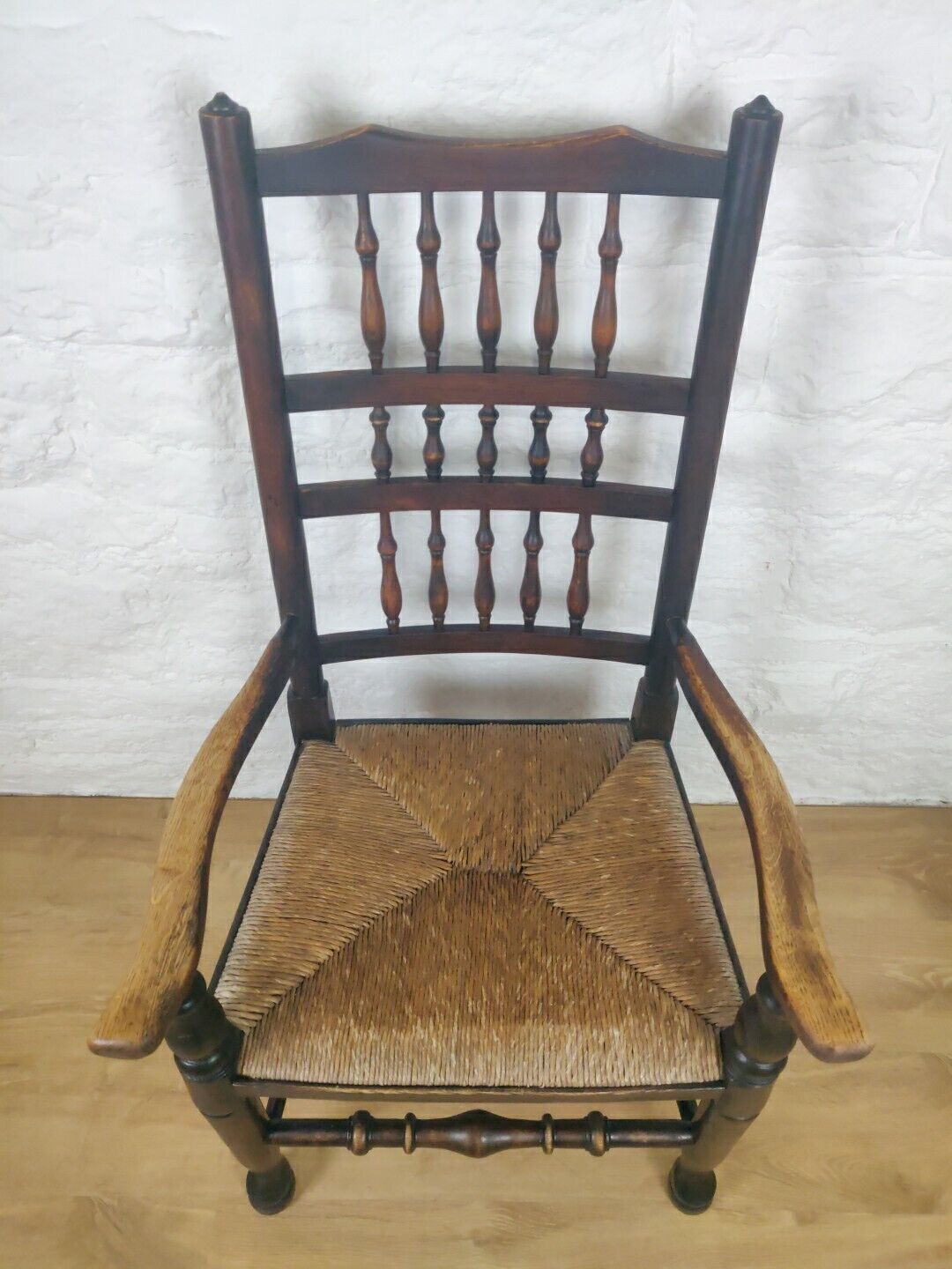 Elm Edwardian Armchair Rush Seat Spindle Back Country Antique Postage Available