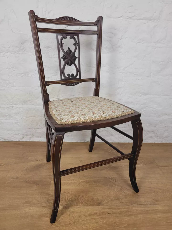 Edwardian Bedroom Chair Carved Splat Inlaid Floral Upholstered Postage Available