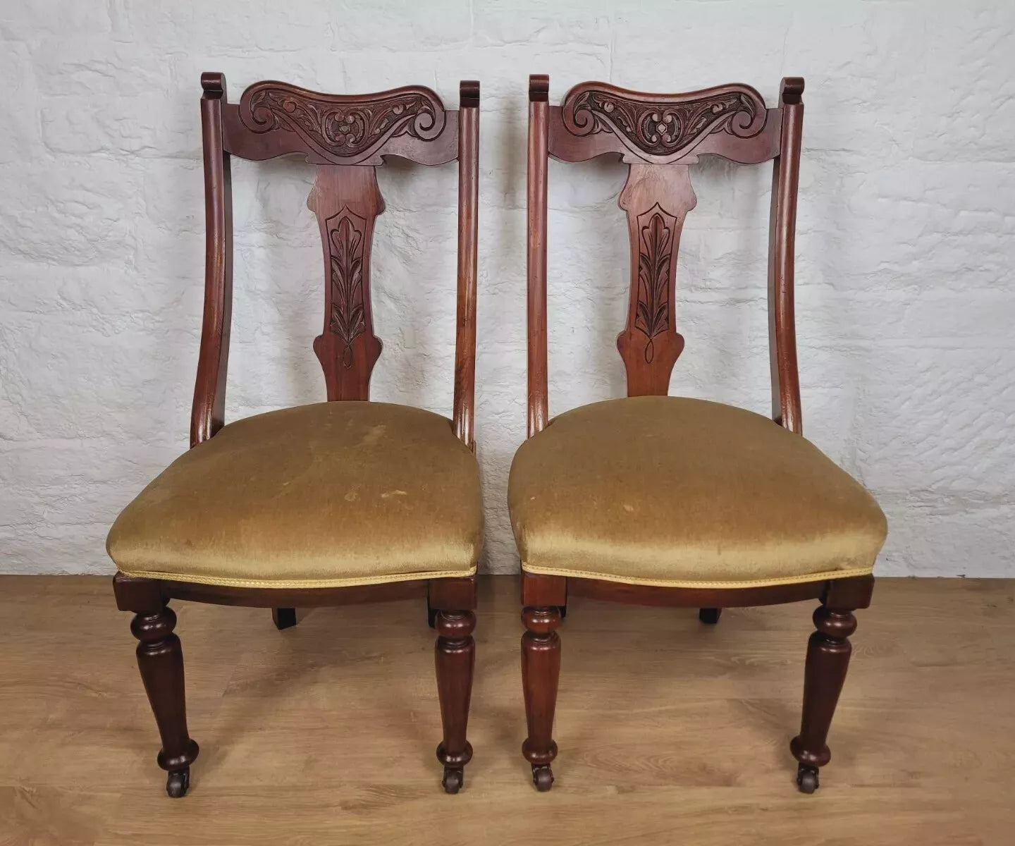 Victorian Dining Chairs Pair Carved Castor Sprung Seat English Postage Available