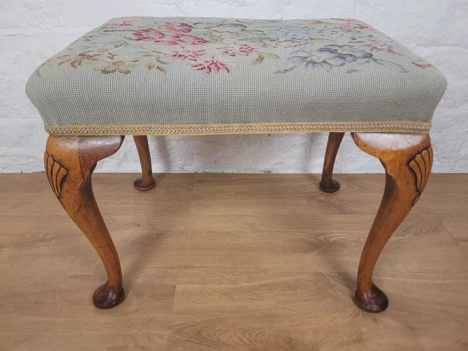 Walnut Dressing Stool Shell Carved Queen Anne Legs Tapestry Postage Available