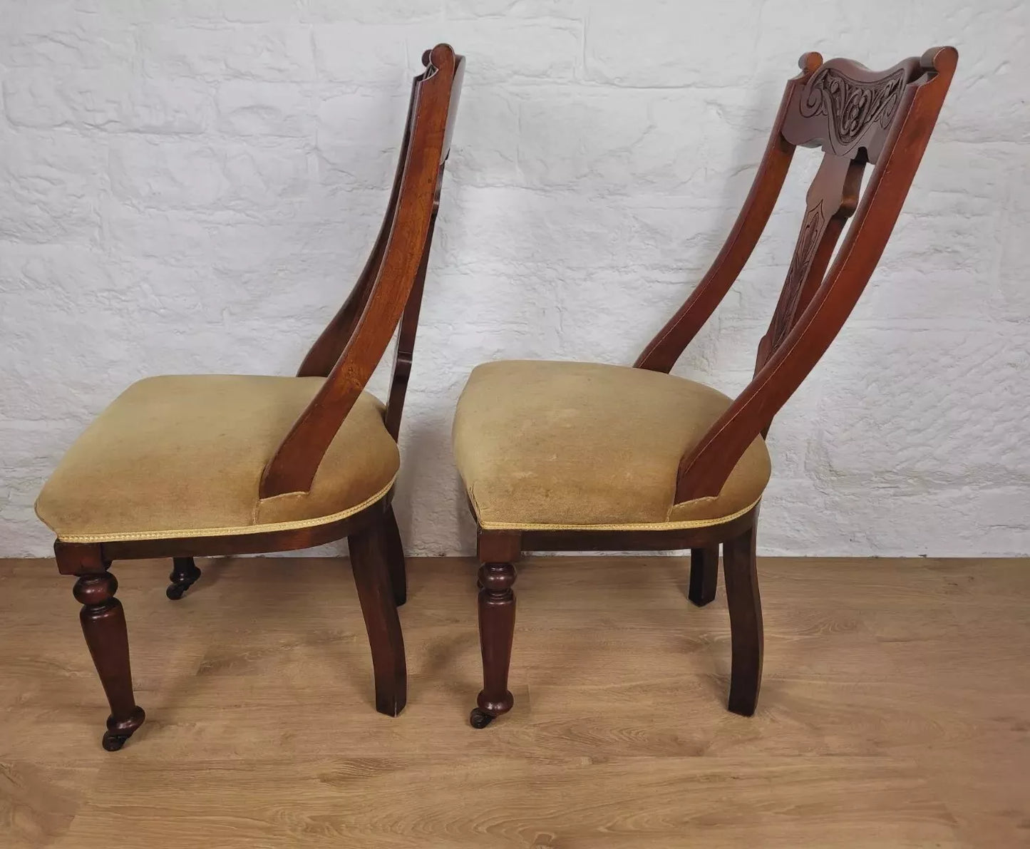 Victorian Dining Chairs Pair Carved Castor Sprung Seat English Postage Available