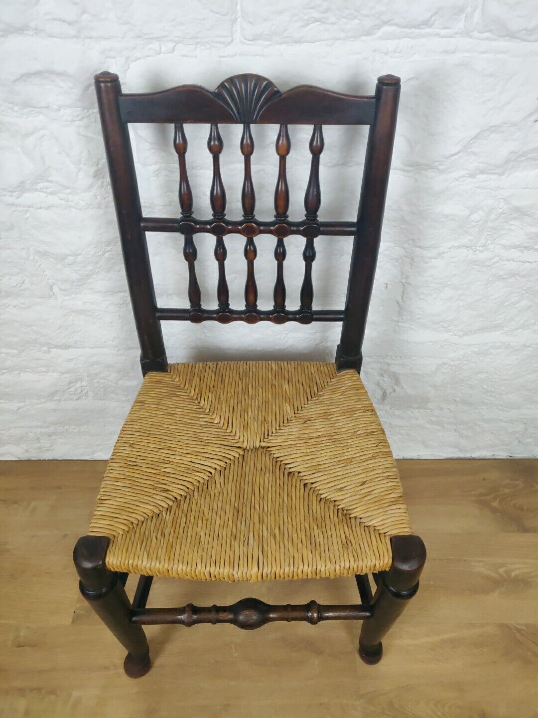 Lancashire Spindle Back Chair Rush Seat Carved Oak 19thC Postage Available