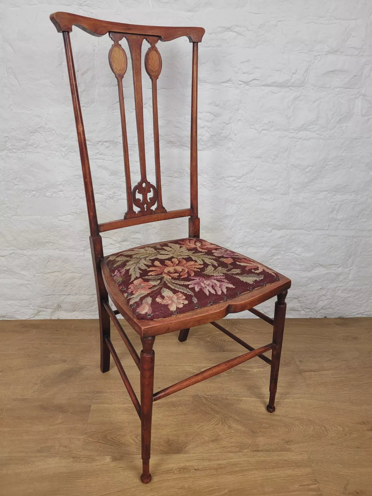 Edwardian Bedroom Chair Inlaid Motif Needlepoint Splatback Postage Available