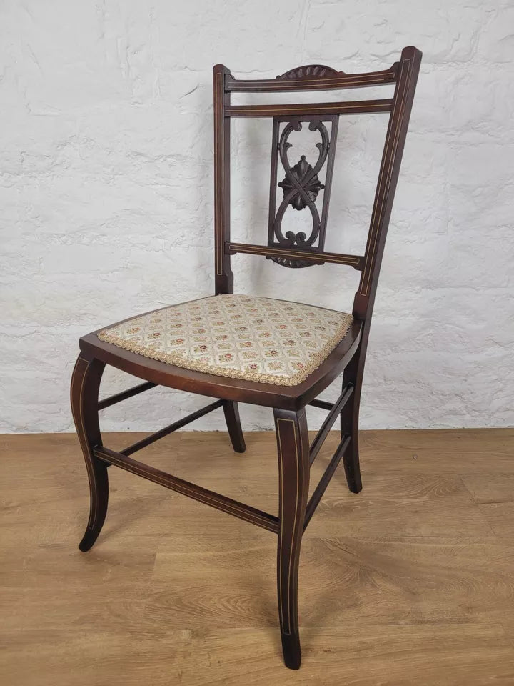 Edwardian Bedroom Chair Carved Splat Inlaid Floral Upholstered Postage Available