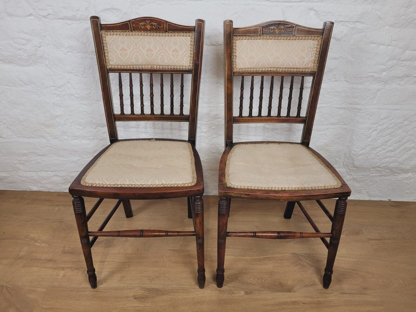 Victorian Inlaid Bedroom Chairs Pair Spindle Back Upholstered Postage Available