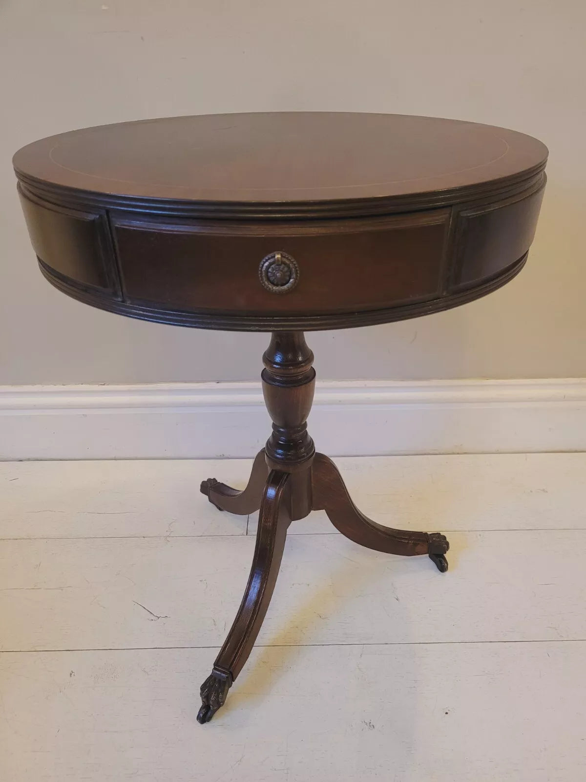 Drum Side Table Round Reproduction Inlaid Paw Castors Drawers Postage Available