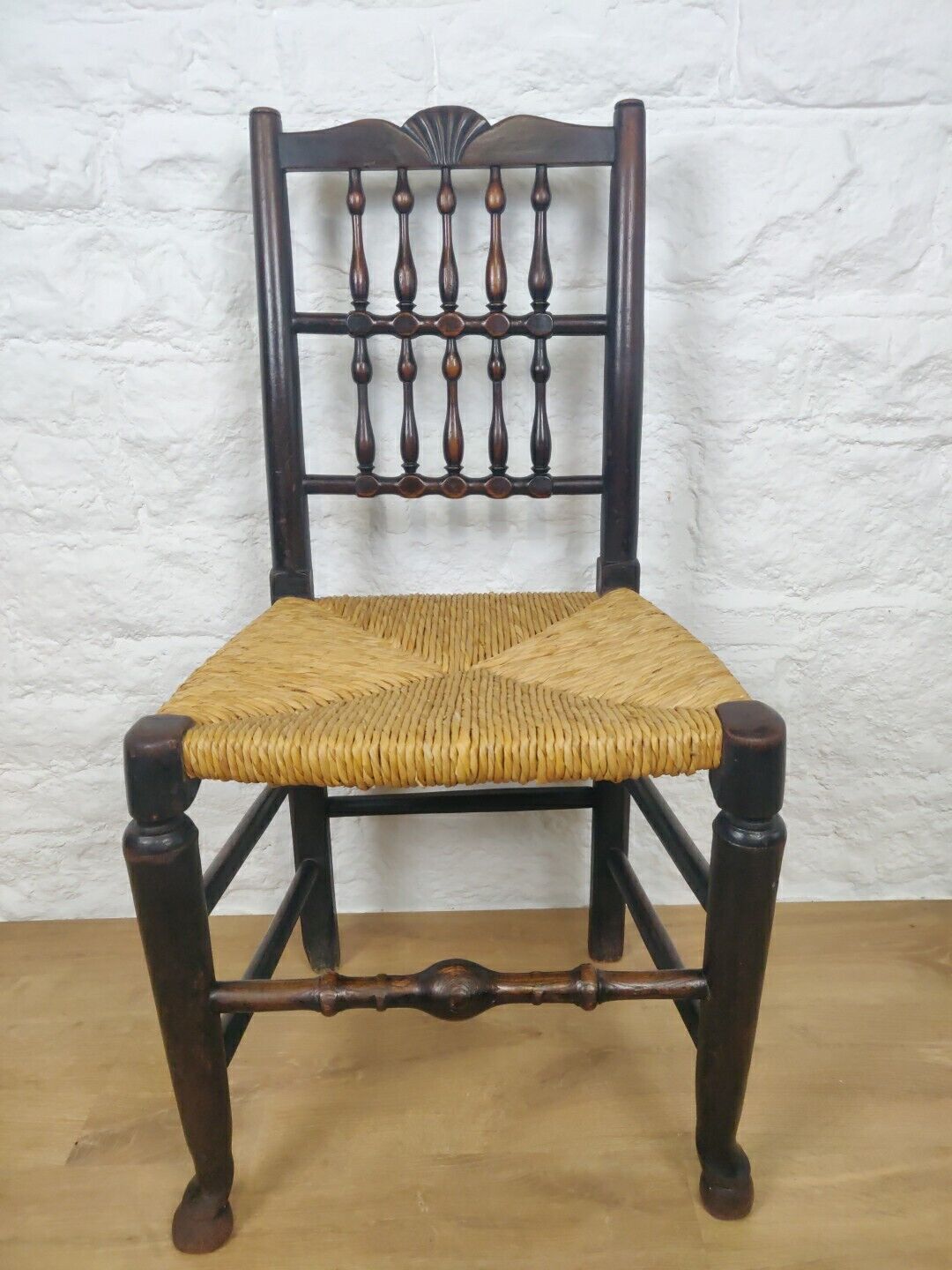 Lancashire Spindle Back Chair Rush Seat Carved Oak 19thC Postage Available