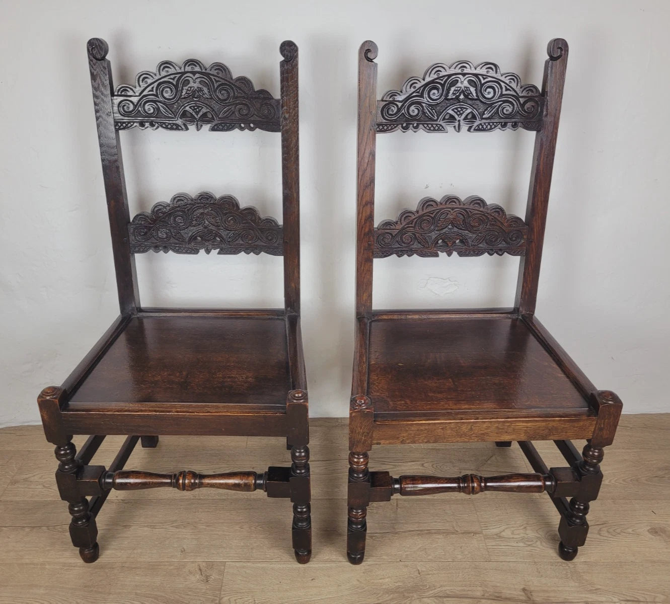 Yorkshire Side Chairs Pair Carved Farmhouse Vintage 1950s Delivery Available