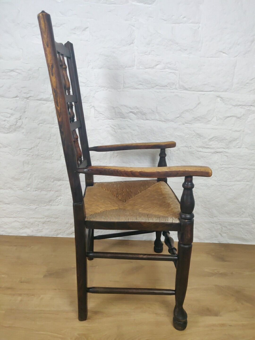 Elm Edwardian Armchair Rush Seat Spindle Back Country Antique Postage Available