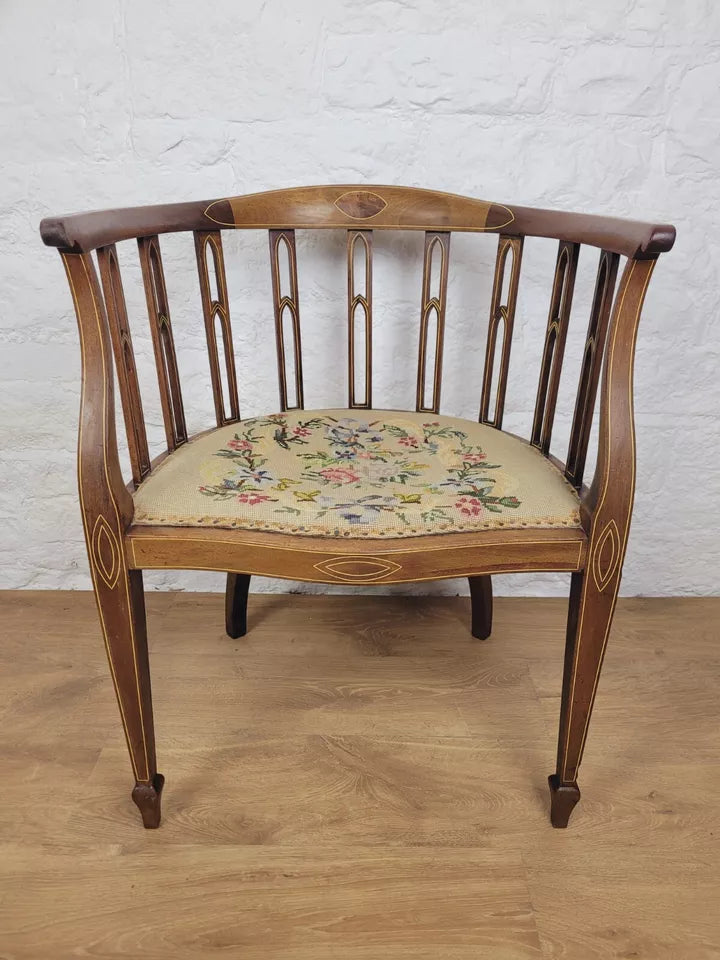 Edwardian Hoop Tub Armchair Inlaid Needlepoint English Oak Postage Available