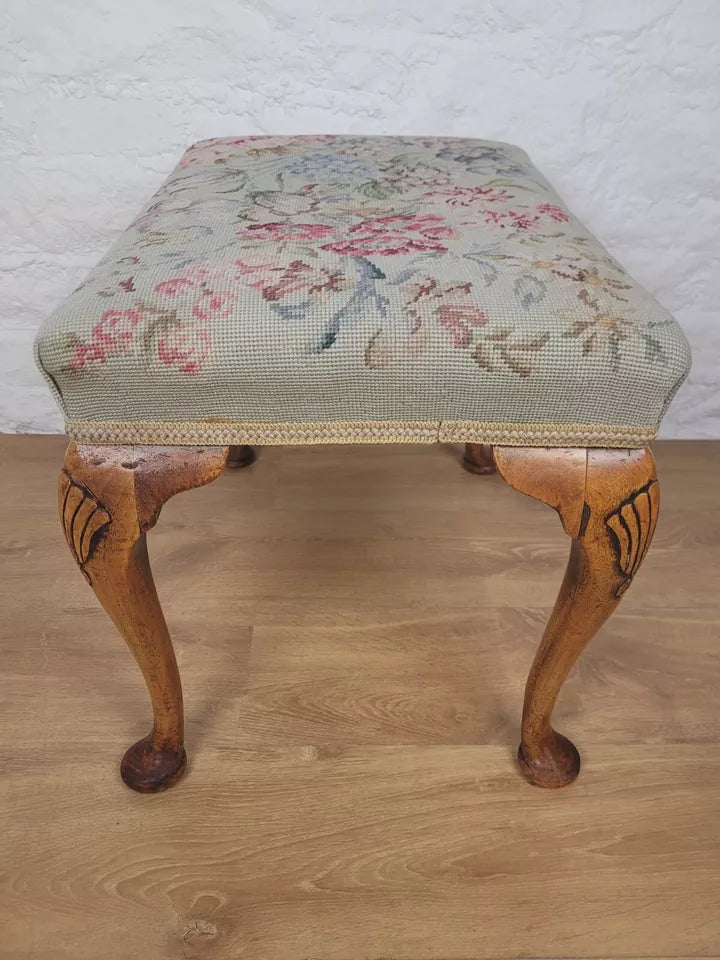 Walnut Dressing Stool Shell Carved Queen Anne Legs Tapestry Postage Available