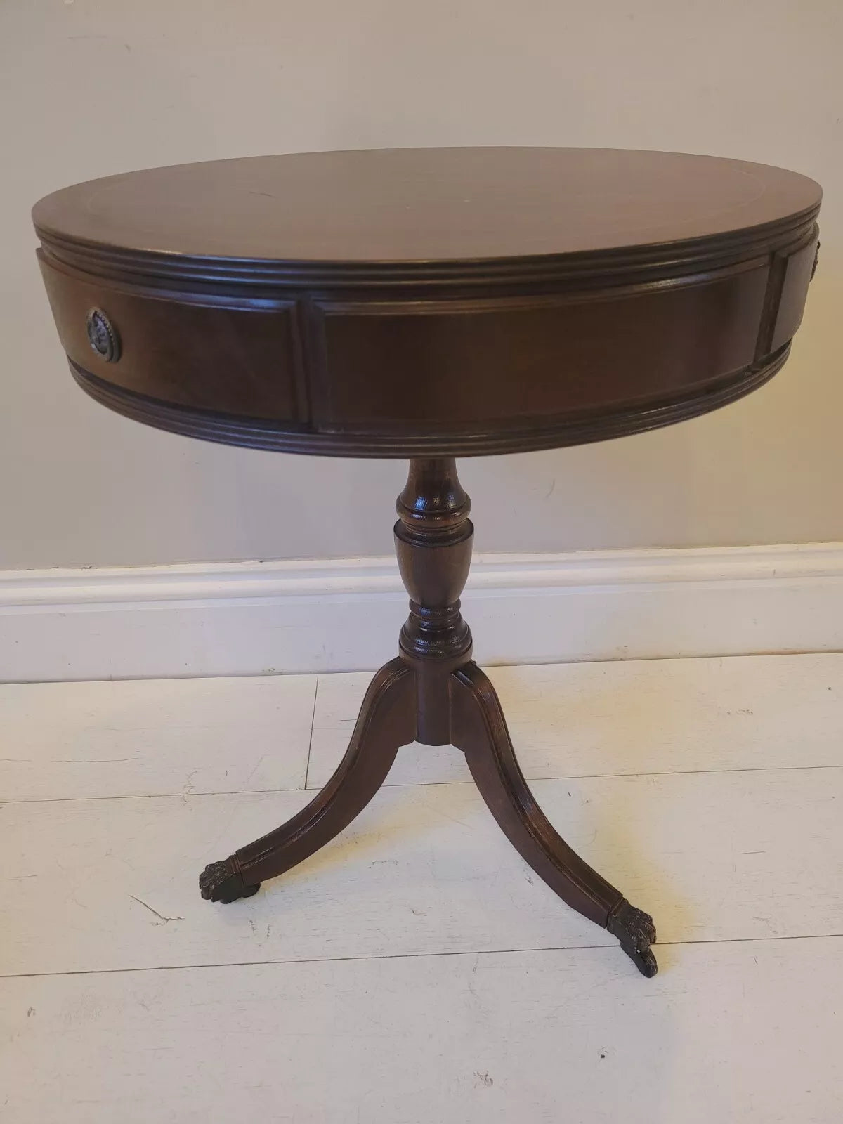 Drum Side Table Round Reproduction Inlaid Paw Castors Drawers Postage Available