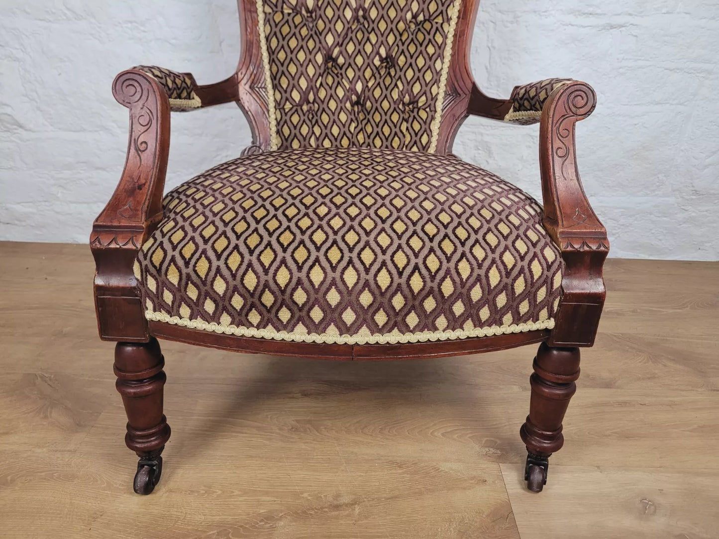 Victorian Armchair Carved Sunburst Button Back Sprung Seat Delivery Available