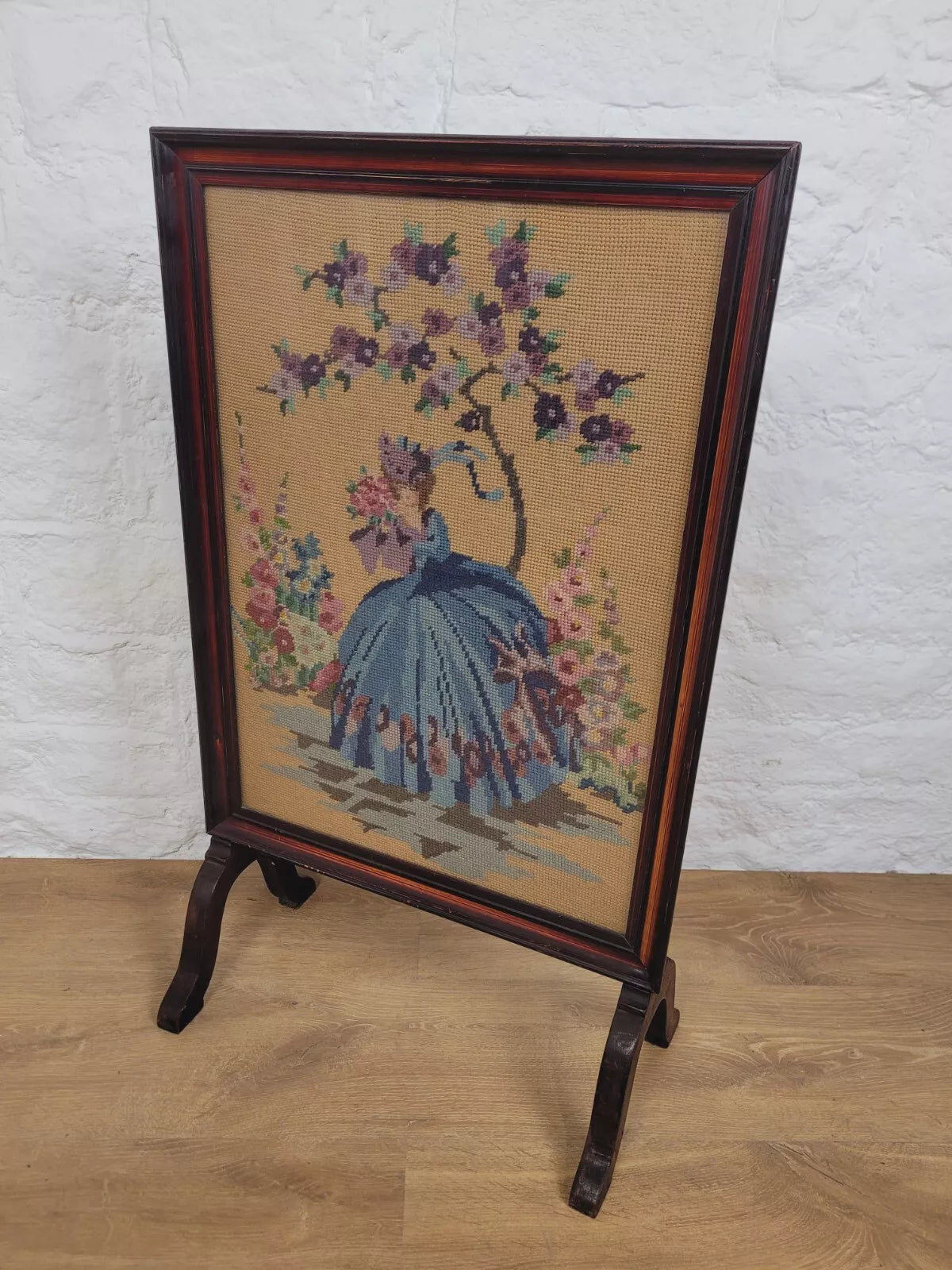 Victorian Fire Screen Needlepoint Lady 19th Century Mahogany Postage Available