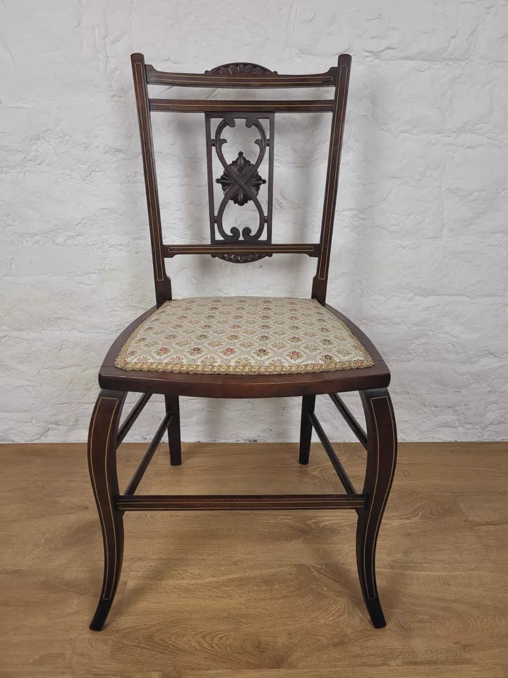 Edwardian Bedroom Chair Carved Splat Inlaid Floral Upholstered Postage Available