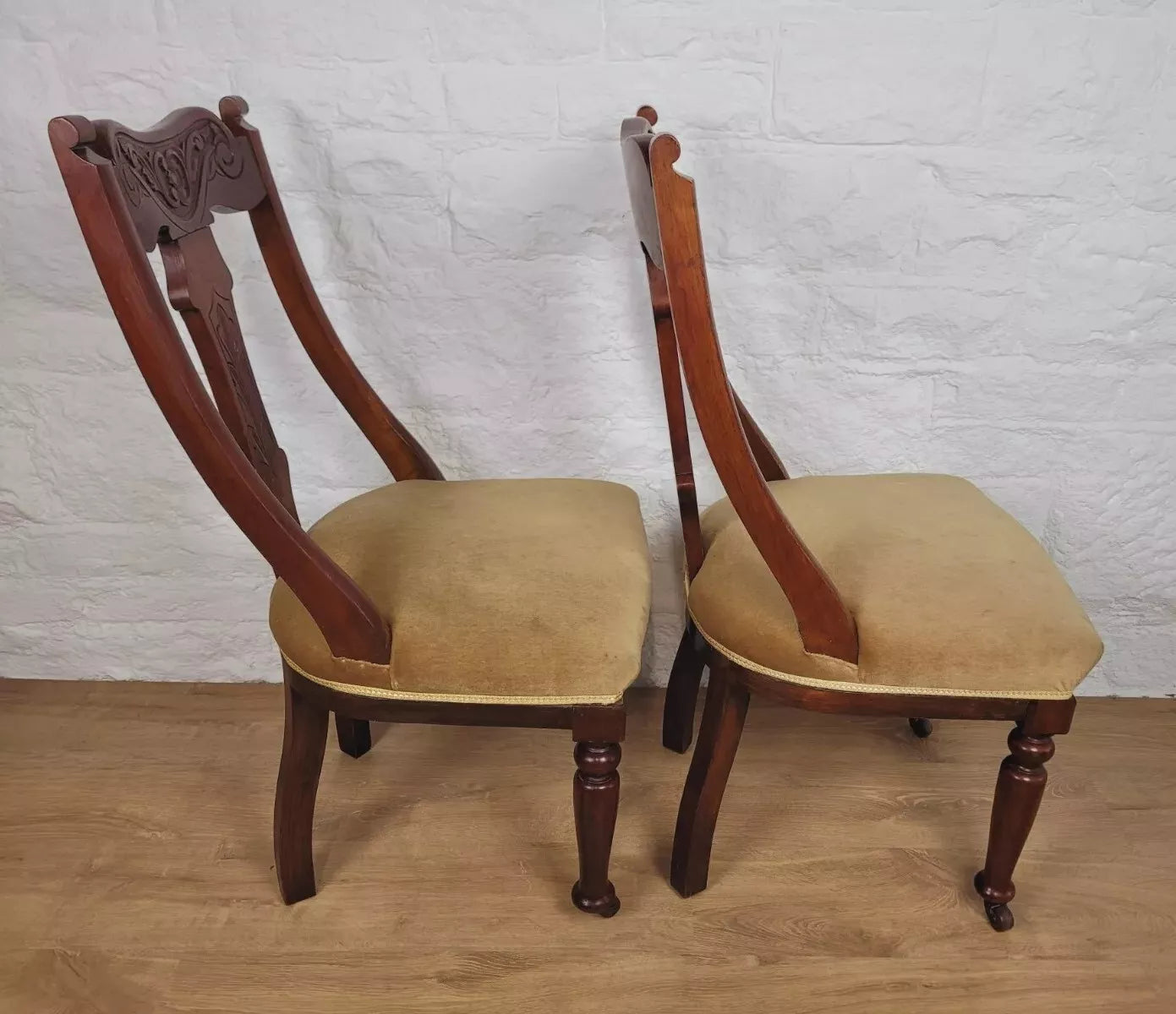 Victorian Dining Chairs Pair Carved Castor Sprung Seat English Postage Available