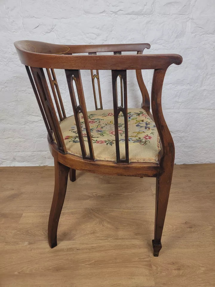 Edwardian Hoop Tub Armchair Inlaid Needlepoint English Oak Postage Available