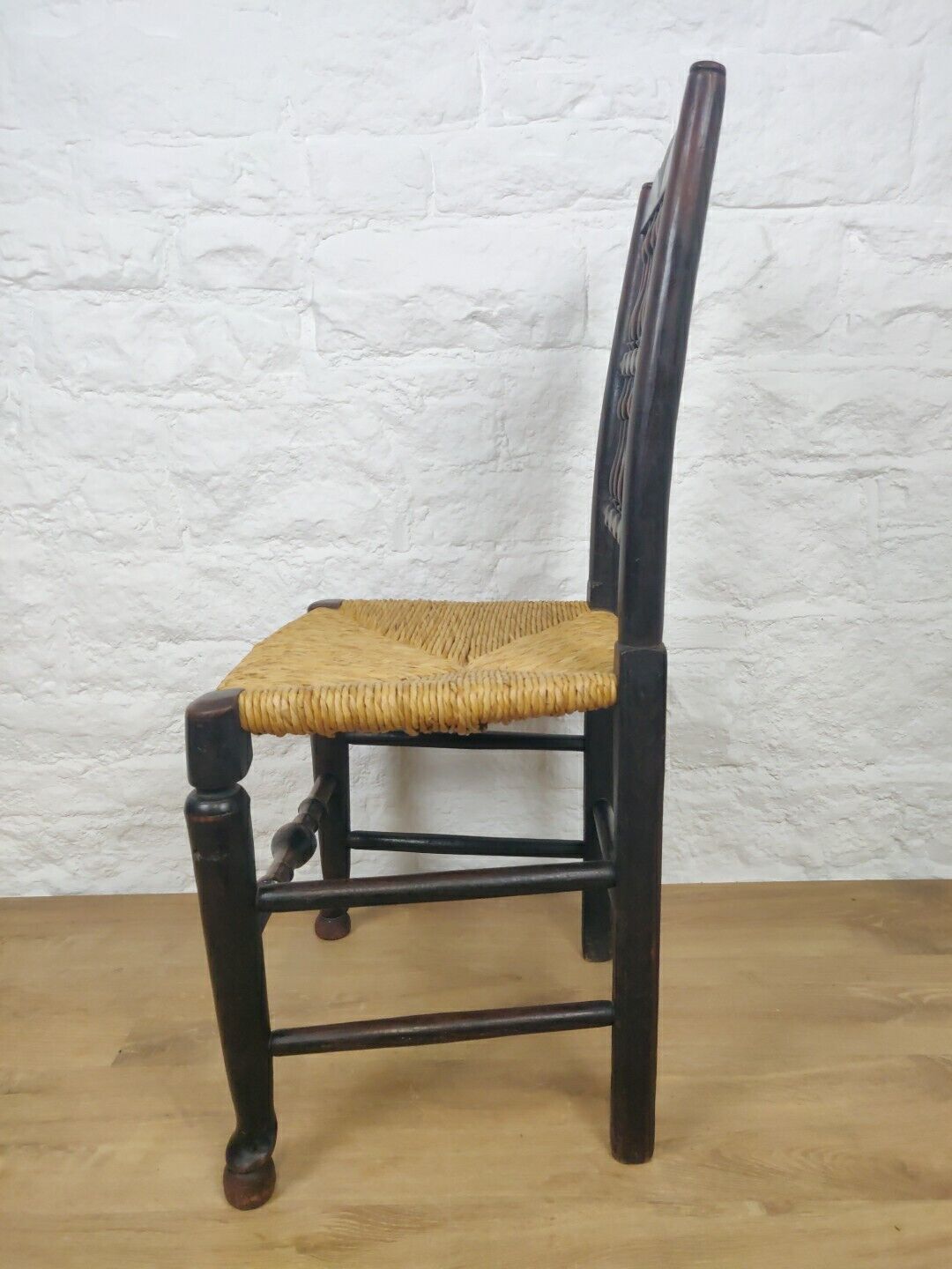 Lancashire Spindle Back Chair Rush Seat Carved Oak 19thC Postage Available