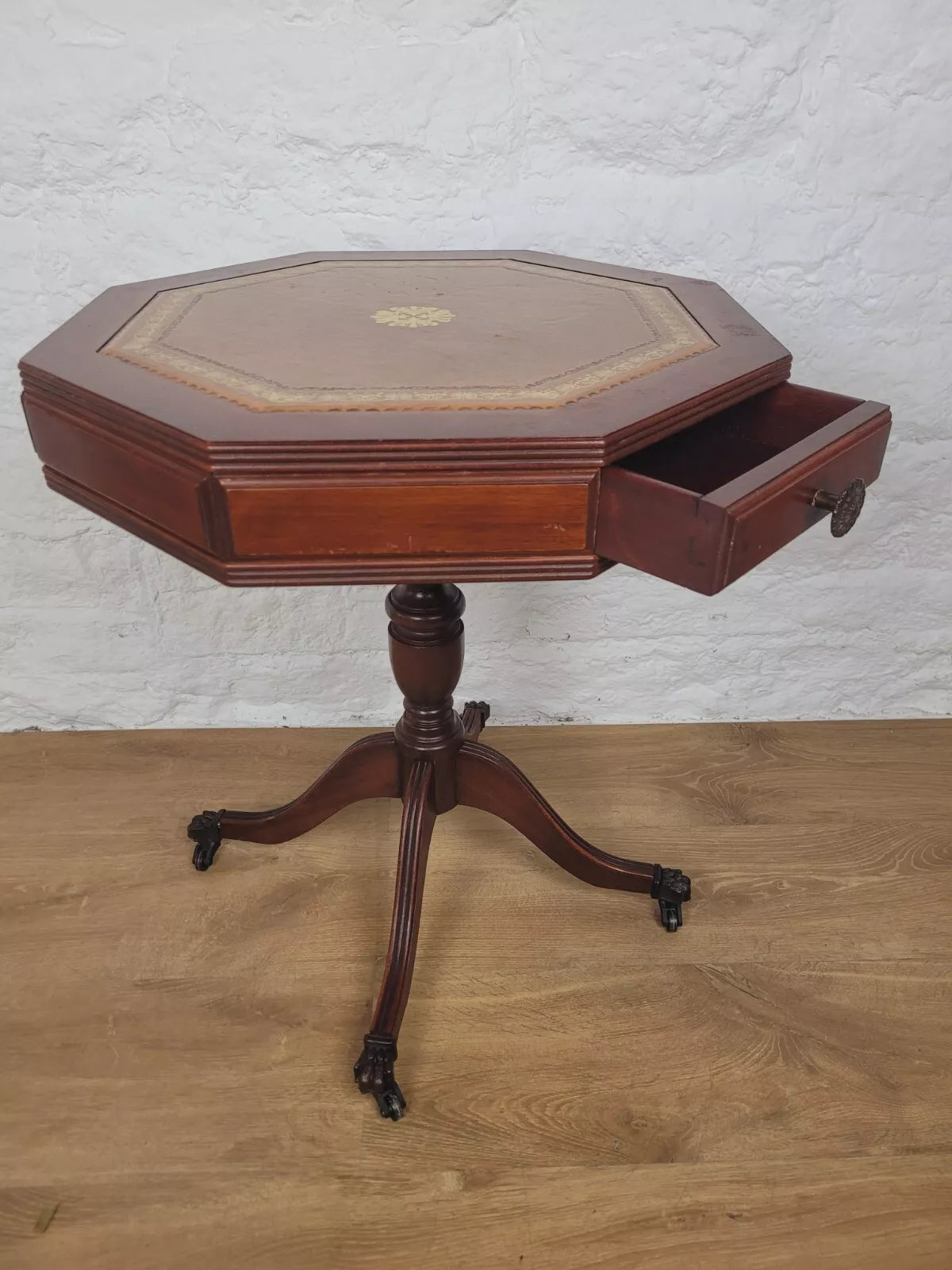 Octagonal Drum Side Table Leather Gilt Castors Drawers Antique Postage Available