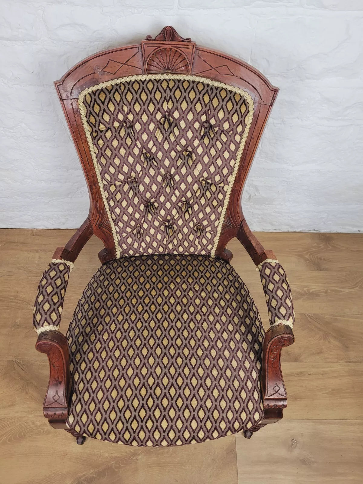 Victorian Armchair Carved Sunburst Button Back Sprung Seat Delivery Available