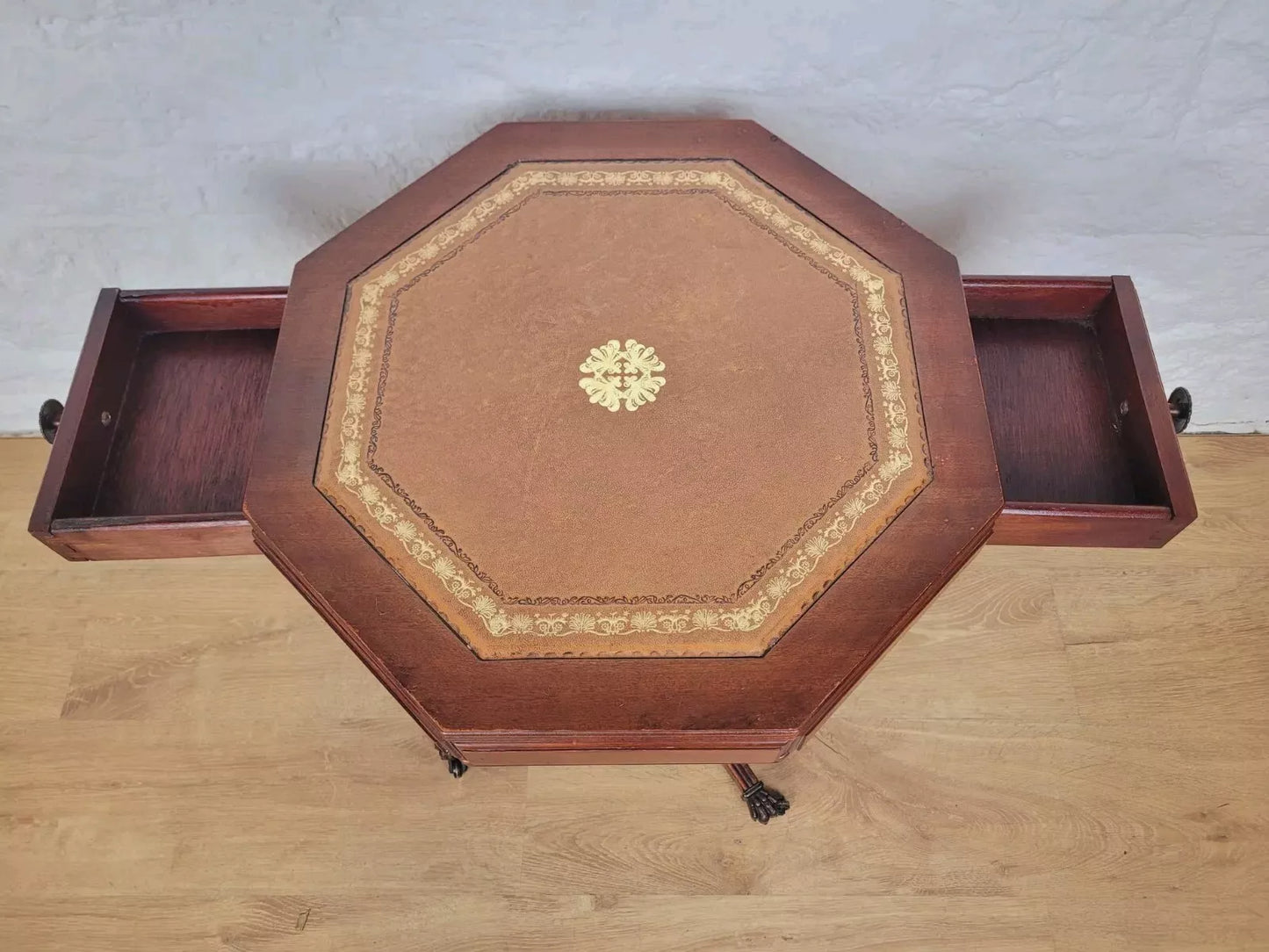 Octagonal Drum Side Table Leather Gilt Castors Drawers Antique Postage Available