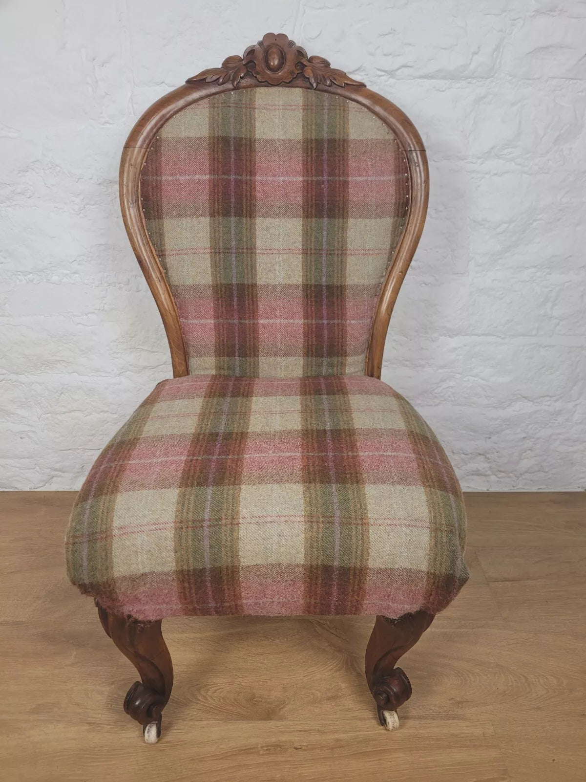 Walnut Nursing Chair Victorian Castors Tartan Carved Foliage Postage Available