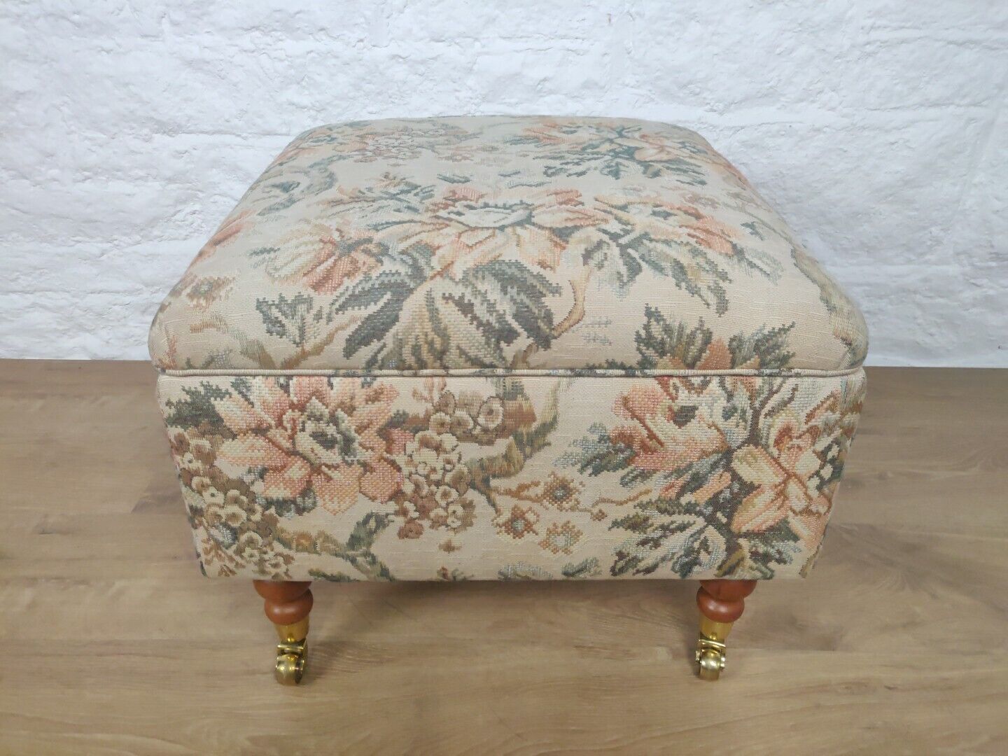 Upholstered Floral Footstool Oak Metal Rolling Castors Country Postage Available