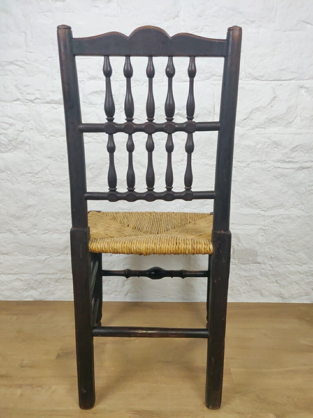 Lancashire Spindle Back Chair Rush Seat Carved Oak 19thC Postage Available