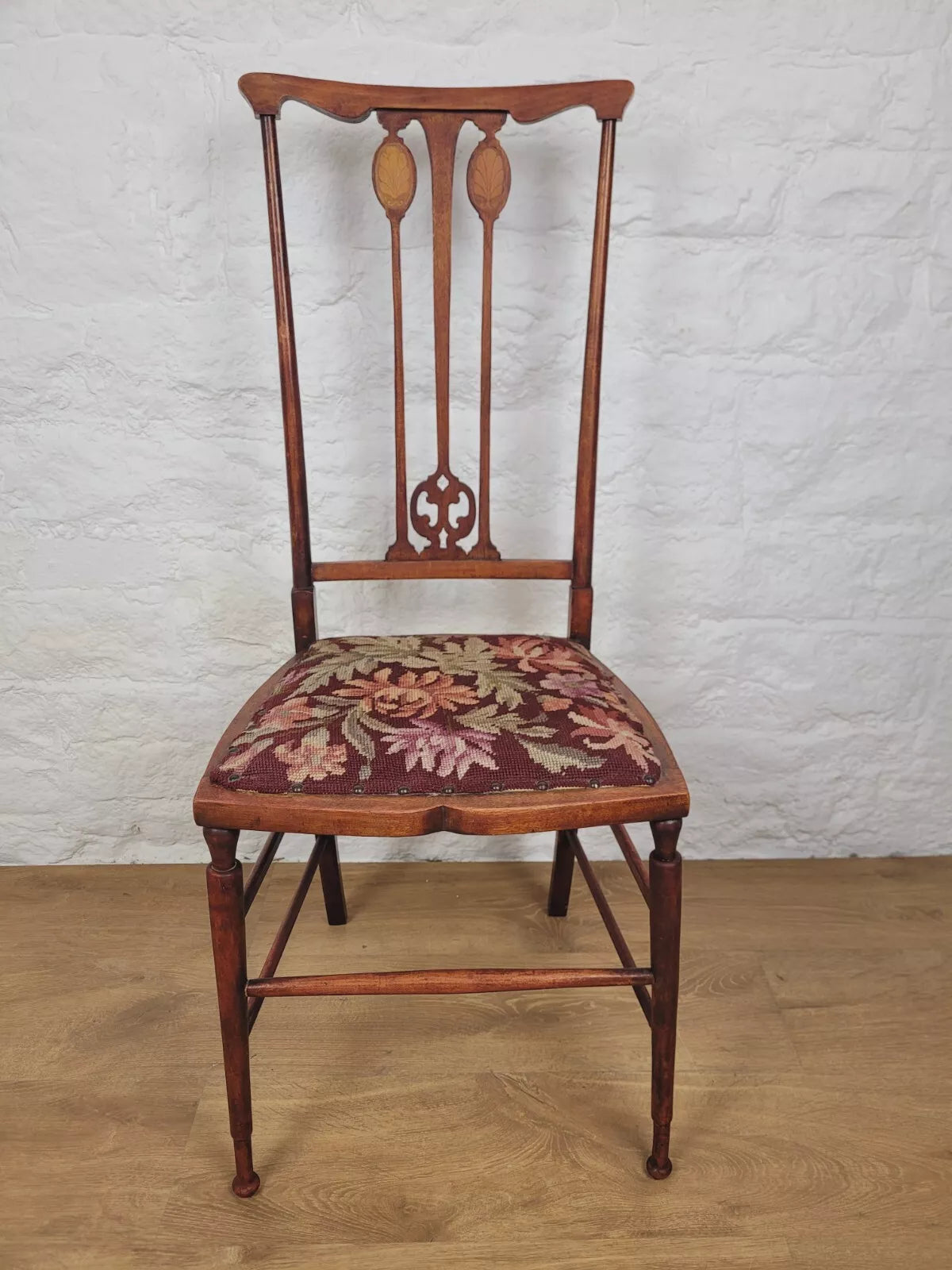 Edwardian Bedroom Chair Inlaid Motif Needlepoint Splatback Postage Available