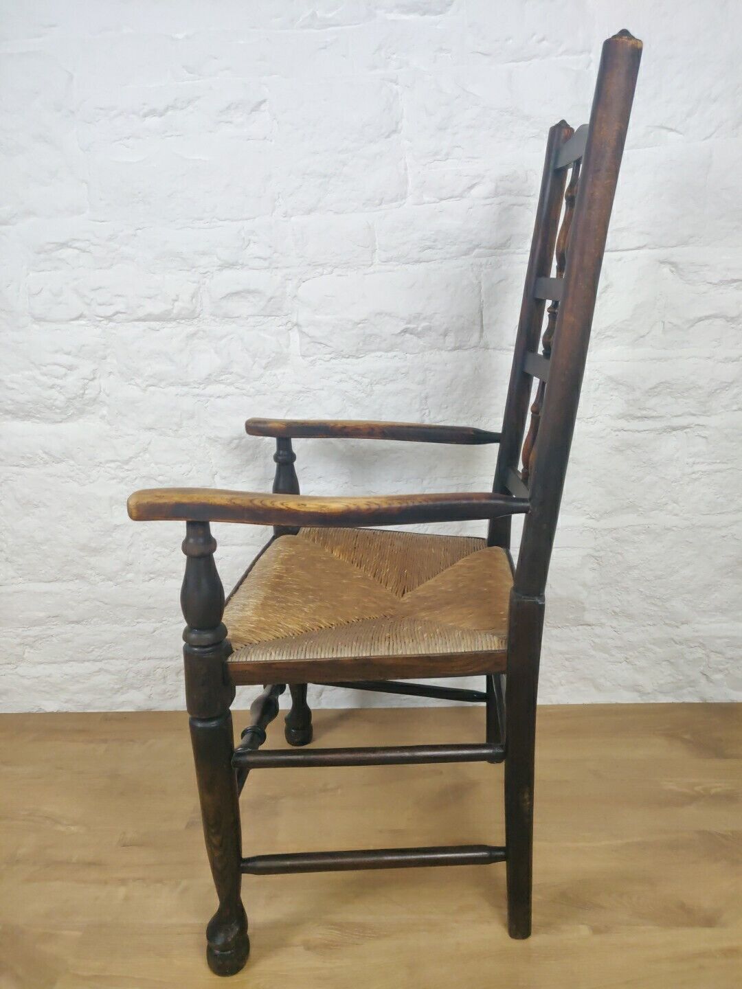 Elm Edwardian Armchair Rush Seat Spindle Back Country Antique Postage Available