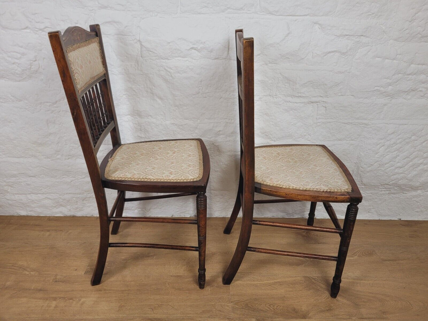 Victorian Inlaid Bedroom Chairs Pair Spindle Back Upholstered Postage Available