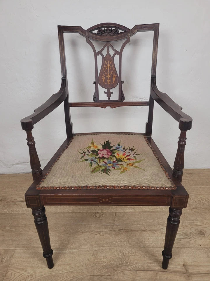 Edwardian Armchair Bedroom Inlaid Motif Carved Floral Postage Available