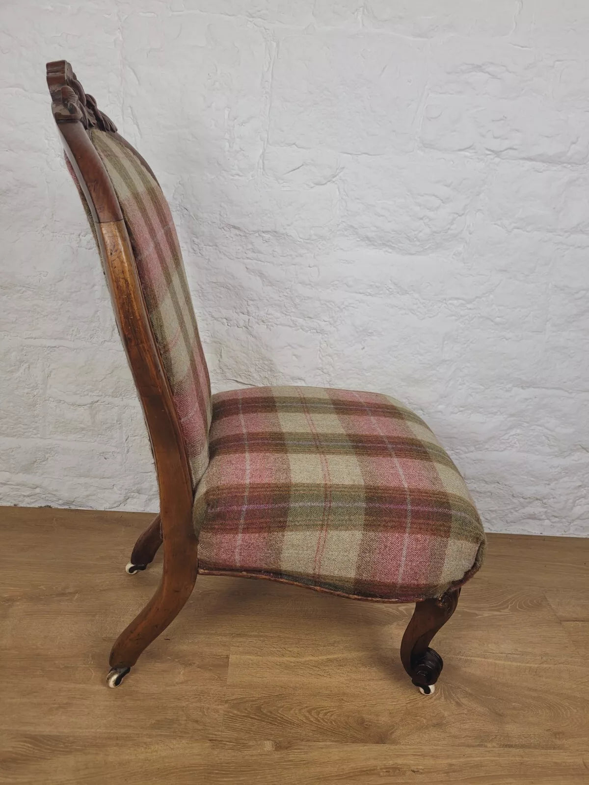 Walnut Nursing Chair Victorian Castors Tartan Carved Foliage Postage Available