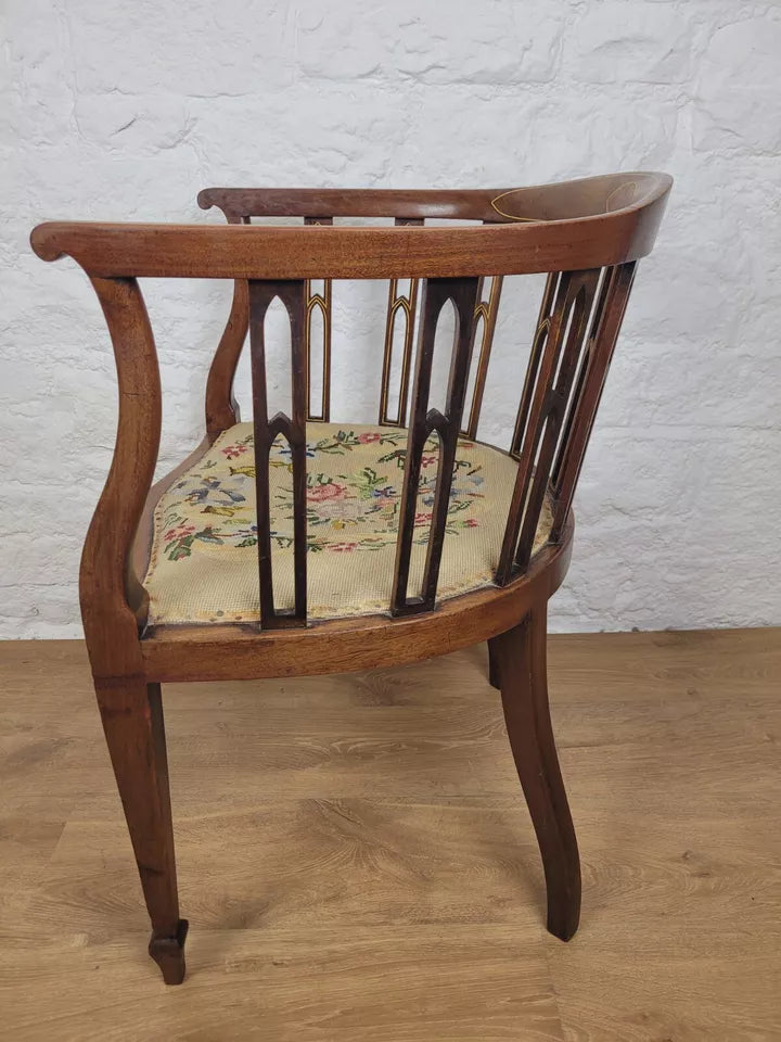 Edwardian Hoop Tub Armchair Inlaid Needlepoint English Oak Postage Available